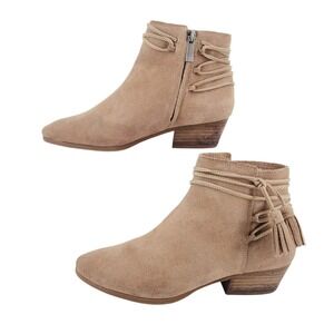 Vince‎ Camuto Tan Suede Tassel Ankle Boots Womens 7.5 M Almond Toe Block Heel